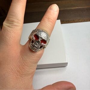 Silver Skull Ring with Red Accents